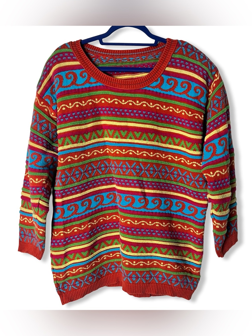 Vintage 80s Coogi Style Textured Multicolor Knit Sweater Shoulder Pads Sz M/L
